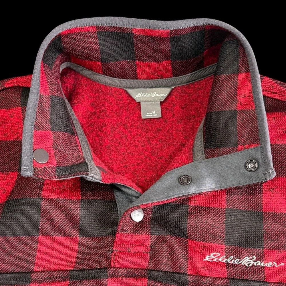 Eddie Bauer Men's Fleece Pullover Red Black Buffalo Check Outdoor Casual Medium